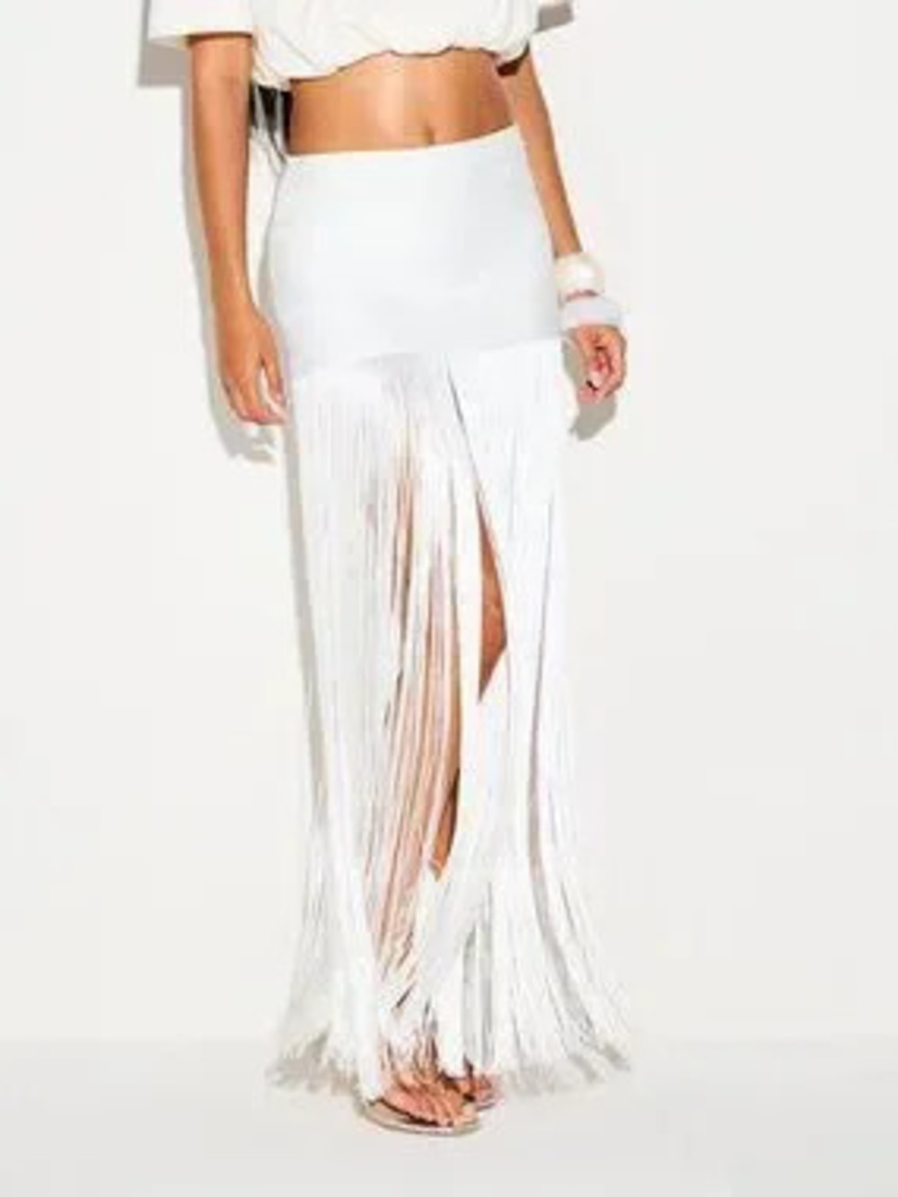 ZARA White Party Women's High Waist Maxi Fringe Skirt with Tassel Detail